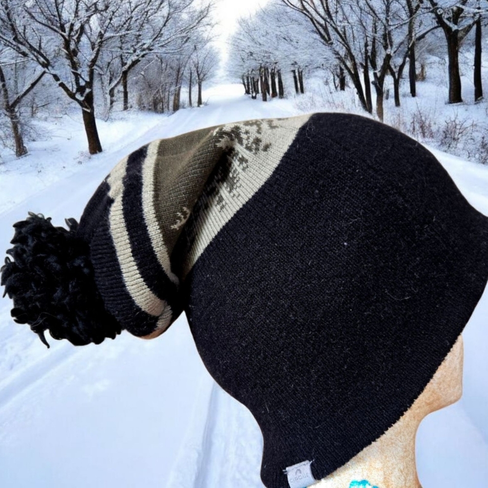Winter Snow Cap Black w Pine Forest Snowboarding Ski Outdoors Woodland Athletic